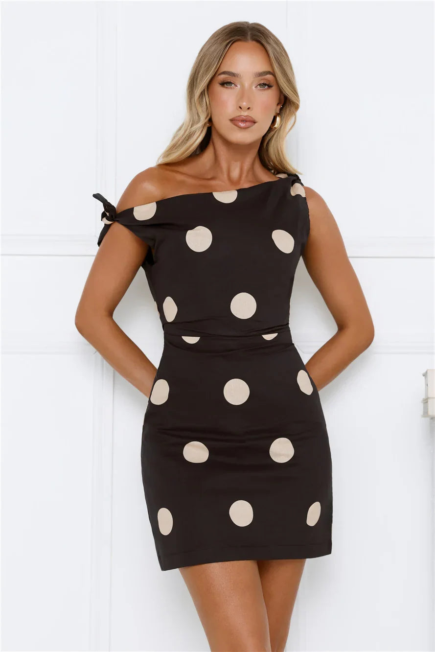 Sunset Spin Polka Dot Off Shoulder Mini Dress Black