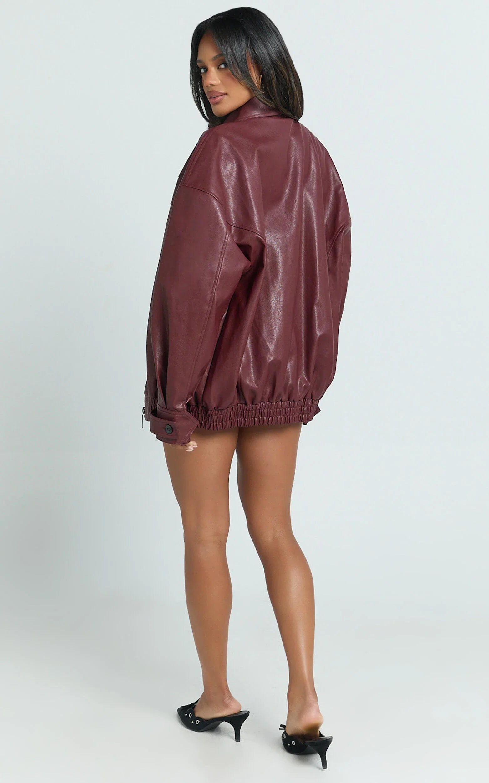 Rosetta Jacket - Oversized Faux Leather Bomber Jacket in Wine