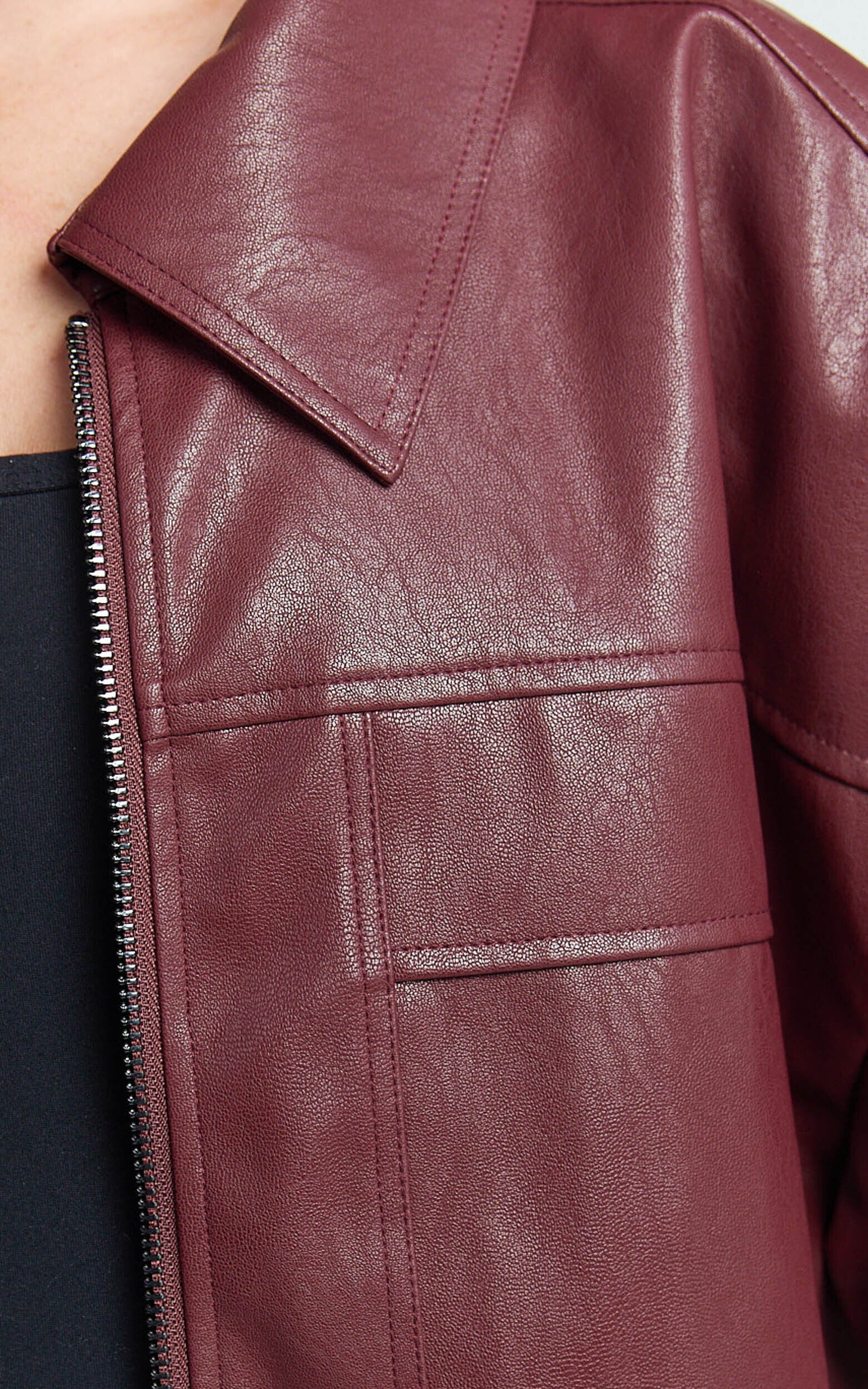 Rosetta Jacket - Oversized Faux Leather Bomber Jacket in Wine