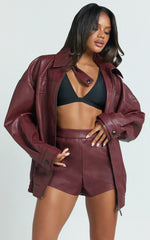 Rosetta Jacket - Oversized Faux Leather Bomber Jacket in Wine
